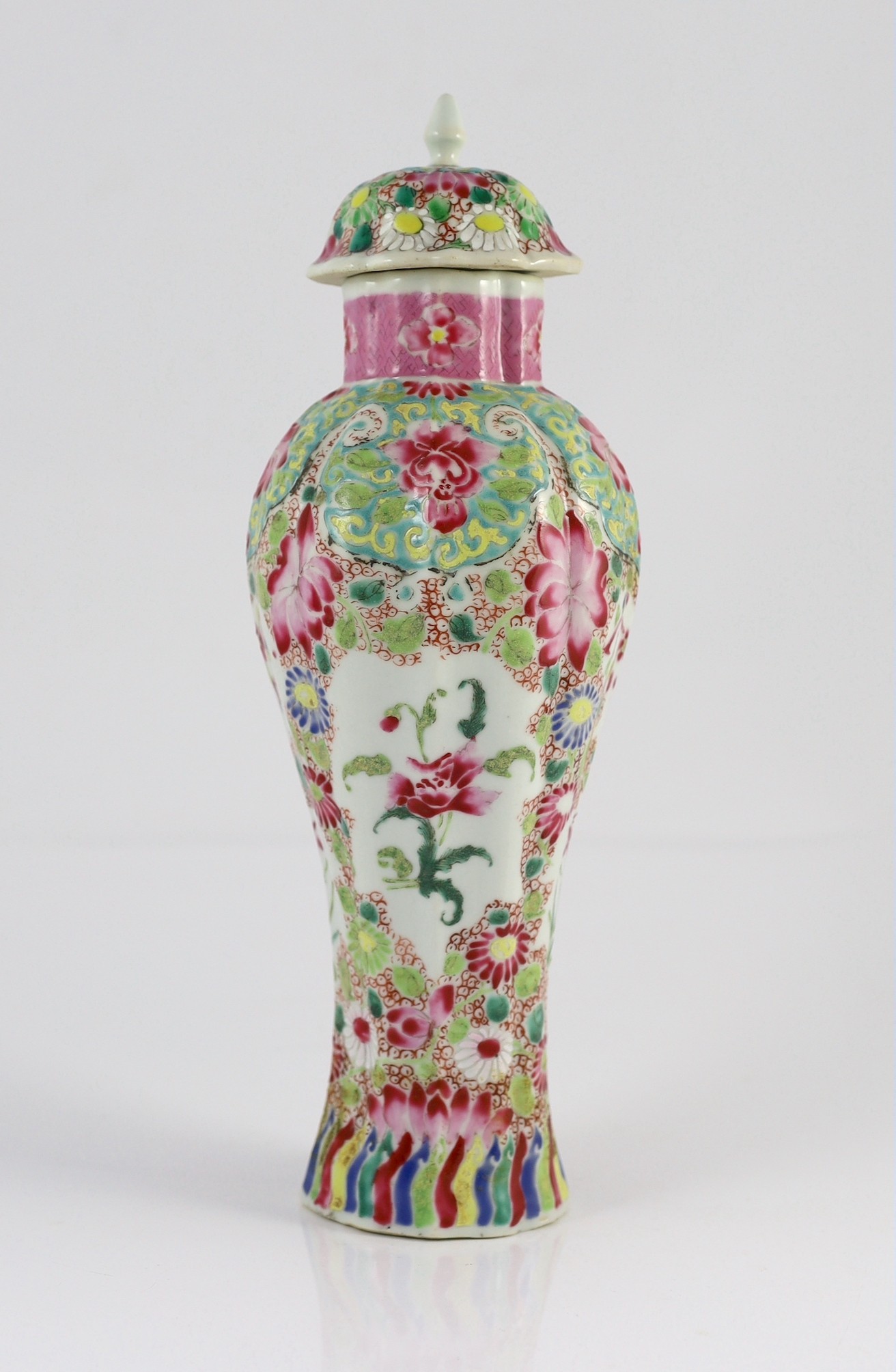 A Chinese famille rose moulded baluster vase, Qianlong period, 30.5cm high, restoration to neck and cover